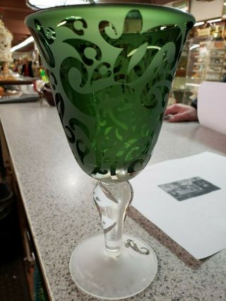 Michael Weems Elise Green Water Goblet 8 1/4 " Signed 2004 Hand Cut