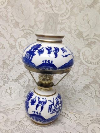 Vintage,  Rare,  5 - Pc Blue Willow 10in Tall Oil Lamp