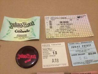Judas Priest “Memorabilia” ticket stubs,  passes and an early pin badge 5