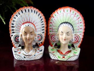 Set Of 2 Vintage Art Deco Lady Woman Head Bust Figurine Planter Vases Headdress