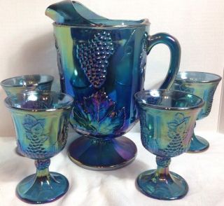 Vintage Indian Grape Harvest Blue Carnival Glass Pitcher And 4 Goblets