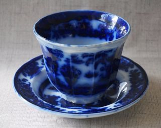 Unsigned Ironstone Temple Flow Blue Cup And Saucer