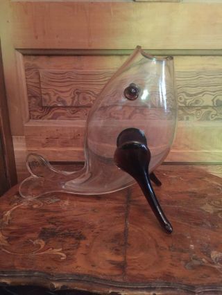 Vintage Hand Blown Art Glass Fish Vase Clear Glass Applied Amethyst Fins & Eyes