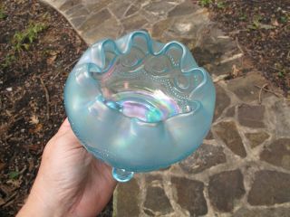 Northwood Beaded Cable Antique Carnival Art Glass Ice Blue Rose Bowl Iridescent