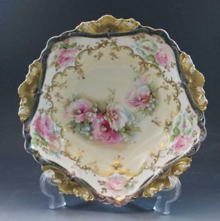 Antique Rs Prussia Porcelain Bowl Molded Edge Heavy Gilt Pink White Roses