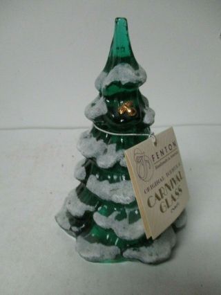 6 " Fenton Green Carnival Glass Christmas Tree W Gold Pear W Tag & Label