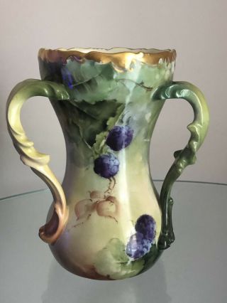 Antique T&v Limoges Three Handle Hand Paint Purple Floral Vase Ca.  1907 - 1919