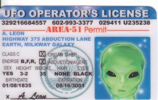 Ufo Operator,  Alien From Area - 51 Plastic Id Card Drivers License -