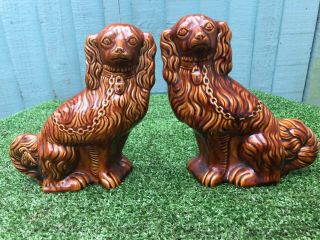 Pair: 19thc Staffordshire Seated Brown Treacle Glaze Spaniel Dogs C1890s