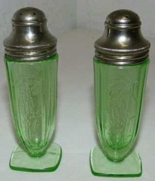 Rare Federal Sylvan Parrot Glass Green Depression Glass S&p Salt & Pepper Set