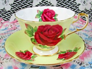 Paragon Red Cabbage Rose Reg Johnson Yellow Tea Cup And Saucer