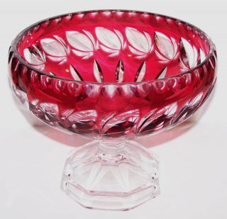 Stunning Bohemian/czech Cranberry Crystal Cut To Clear Leaves 8 " Pedestal Bowl