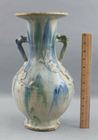 Large Antique Circa - 1900 Chinese Export Pottery Vase Flowers Drip Blue Glaze