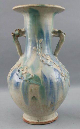Large Antique circa - 1900 Chinese Export Pottery Vase Flowers Drip Blue Glaze 2