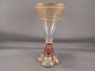 Old Antique Moser Art Glass Enameled Goblet W Lobed Foot Gold Trim