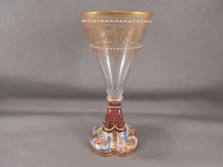 Old Antique Moser Art Glass Enameled Goblet w Lobed Foot Gold Trim 2