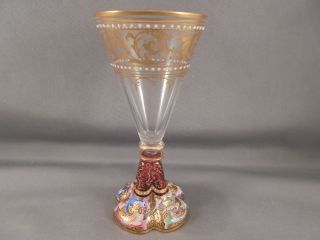 Old Antique Moser Art Glass Enameled Goblet w Lobed Foot Gold Trim 3