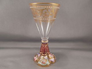 Old Antique Moser Art Glass Enameled Goblet w Lobed Foot Gold Trim 4