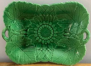 Antique 1900 Wedgwood Green Majolica Sunflower Basket Handled Platter Tray