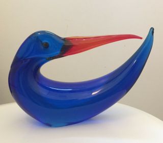 Large 10 " Rare Vintage Italy Murano Art Glass Cobalt Blue Bird Figure Long Beak