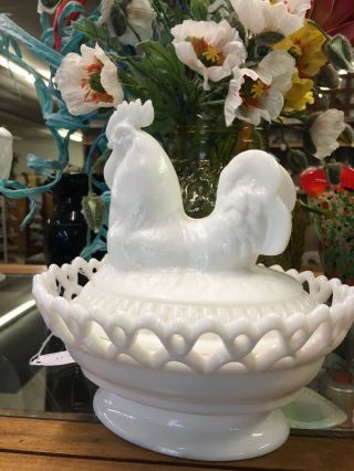 Vintage White Milk Glass " Roaster On A Laced Base - Perfect
