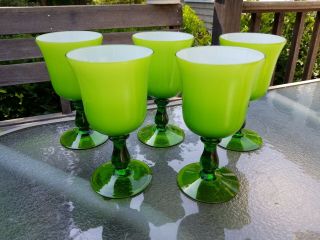 Mcm Moretti Empoli Italy Glass Lime Green Set Of 5 Water Wine Goblets 8 Oz