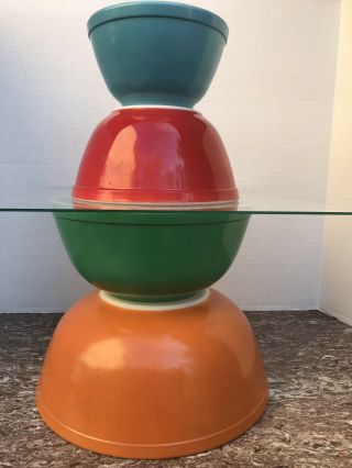 Vtg Pyrex Bowls Set 404 403 402 401 Primary Colors Bright Red Blue Green Orange