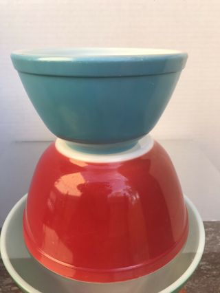 Vtg Pyrex Bowls SET 404 403 402 401 Primary Colors Bright Red Blue Green Orange 3
