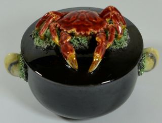 Vintage Palissy Ware Majolica Black Crab Pot Covered Dish