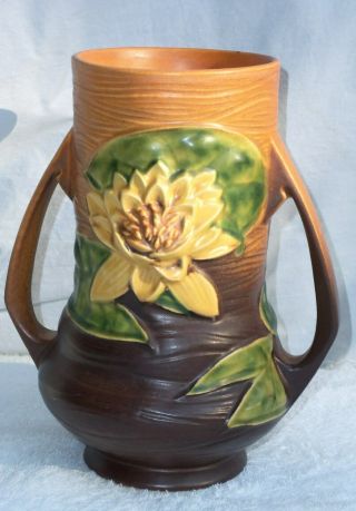Vtg 1940s Roseville Water Lily Vase 76 - 8 " Brown Double Two Handle Exvc