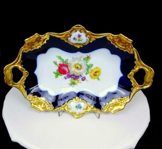 Ak Alboth & Kaiser Germany Porcelain Floral Gold & Cobalt 12 " Oval Dish 1967 - 70