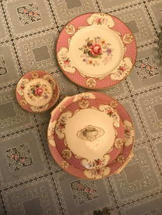 Myott Staffordshire Rose Pink 4 Plates 4 Bowls Casserole Dish