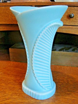 Blue Feather / Leaf Design Abingdon 7¼ " Pottery Vase Orig Sticker 440