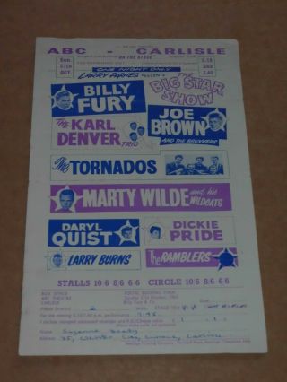 Billy Fury & Tornados/marty Wilde/joe Brown 1962 Colston Hall,  Bristol Handbill