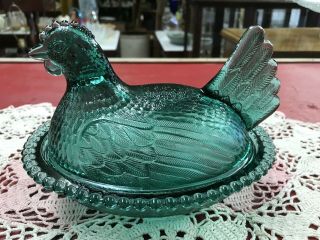Vtg Indiana Glass Dark Green Hen On Nest Covered Candy Dish Nr
