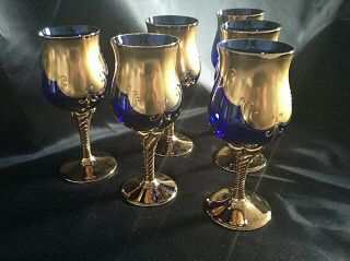 Czech Bohemia Crystal Glass - Blue Wine Glasses 17,  5cm Egermann 6pc Ii
