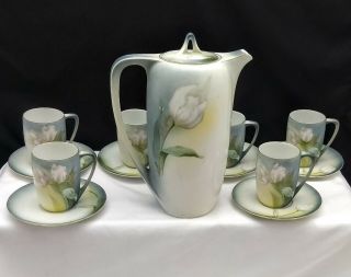 Rs Germany Prussia White Tulips Chocolate Pot 6 Cups& Saucers