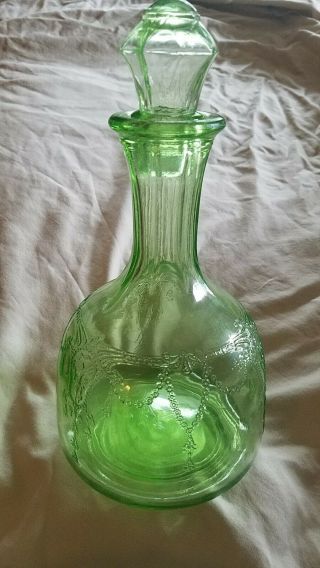Vintage Cameo Green Depression Glass Decanter With Stopper