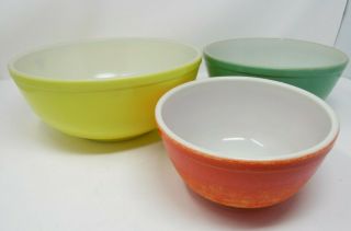 Vintage Pyrex Set 3 Primary Colors Mixing Bowls Yellow 404 Green 403 Red 402