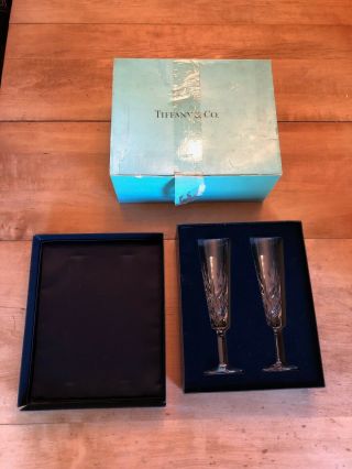 Set Of 2 Tiffany & Co Cut Crystal Champagne Flute Glasses W/presentation Box