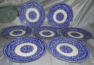Globe Pottery England Fibre Set Of 7 Luncheon Plates 9 " Flow Blue Transferware