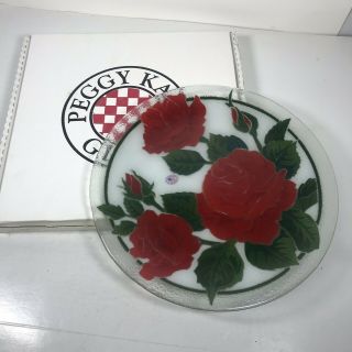 Peggy Karr Fused Glass 14 " Inch Red Roses Plate Platter Signed