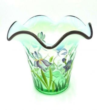 Fenton Glass Designer Showcase Purple Iris Hand Painted Willow Green Vase Minty