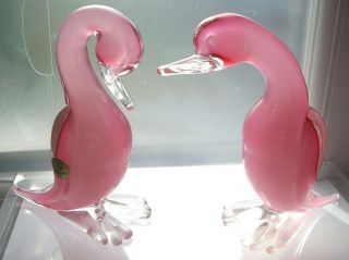 Label Vintage Murano Seguso Pair Alabastro Cased Opaline Glass Ducks 6 "