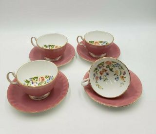 Set Of 4 Aynsley Bone China Dark Pink Butterfly & Floral Footed Cups & Saucers