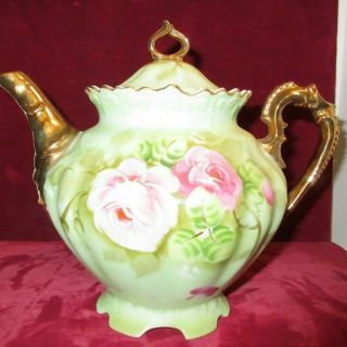 Lefton Ne792 Heritage Green 5 Cup 6 " Teapot With Lid Pink Roses Gold Trim D222