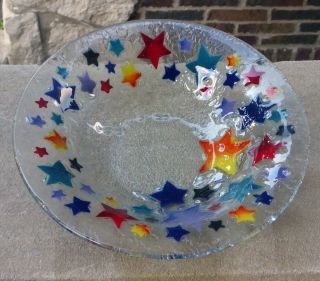 Peggy Karr Rainbow Celebration July 4th Stars Fused Art Glass 10.  5 " Serving Bowl