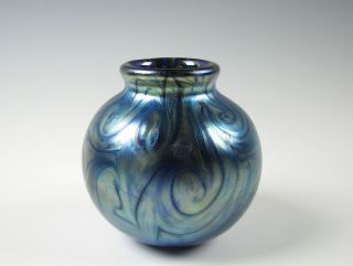 Contemporary Art Glass Blue Iridescent King Tut Pattern Mini Vase Artist Signed