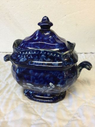 Antique 1820 Era Large Staffordshire Flow Blue Sugar Bowl Hunting Dogs Pattern
