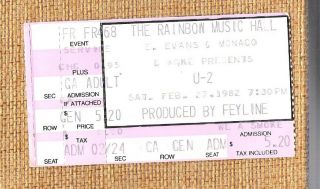 U2 Ticket Stub Denver Rainbow Music Hall February 27,  1982.